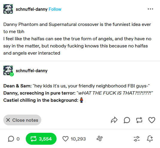 A screenshot of a social media post showing a user's comment about a crossover between Danny Phantom and Supernatural. The…