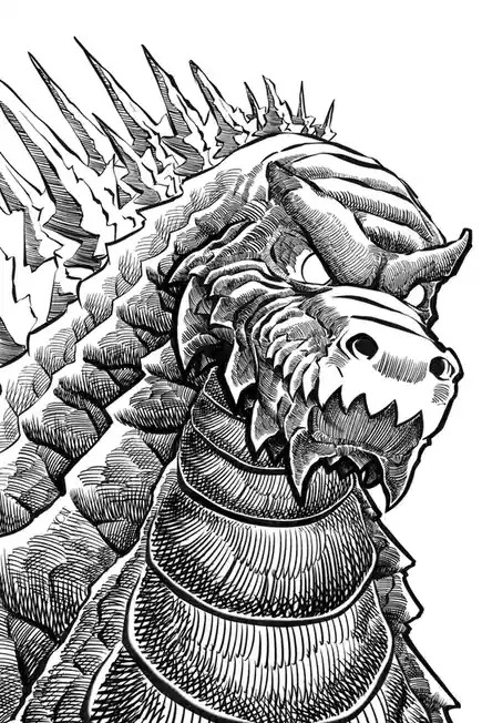 A black and white line art illustration of a monstrous, spiky creature with a reptilian or dragon-like head, sharp teeth…