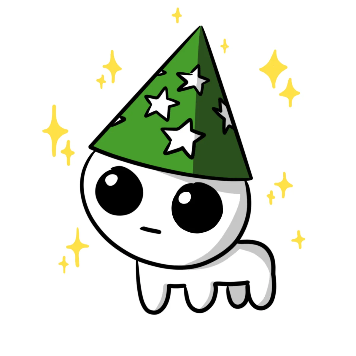 A cartoon ghost with large black eyes and a small mouth wears a green party hat decorated with white stars, surrounded by…
