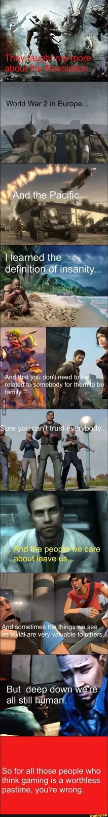 A vertical comic strip featuring eight panels from various video games, each with overlaid text. The top panel shows an…