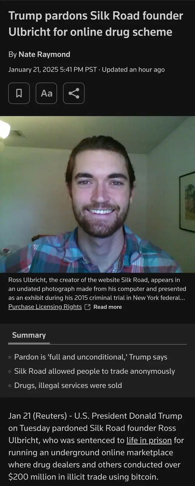 A screenshot of a news article from January 21, 2025, featuring a photo of Ross Ulbricht smiling while wearing a plaid…