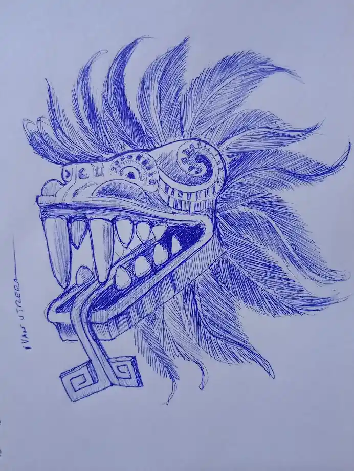 A blue ink drawing of a stylized, fierce Aztec or Mesoamerican deity mask with large teeth, feather headdress, and intricate…