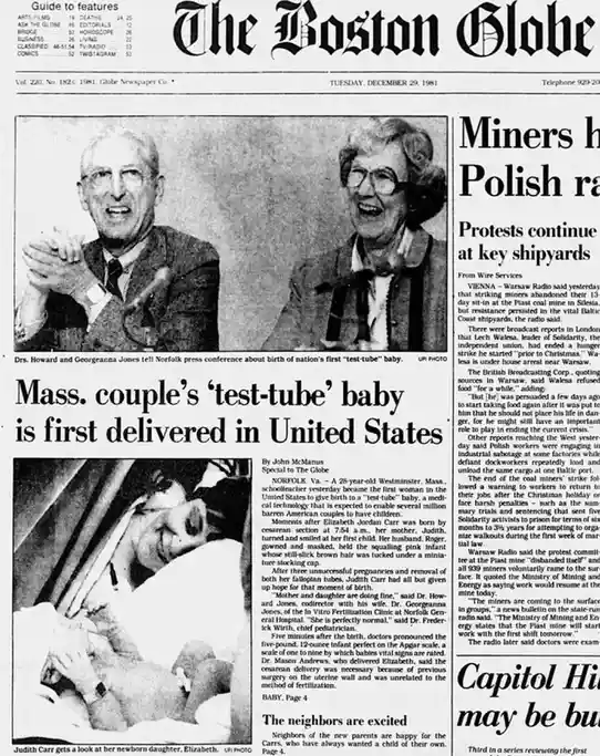 A black-and-white newspaper clipping from The Boston Globe dated December 29, 1981, features a headline about the first…