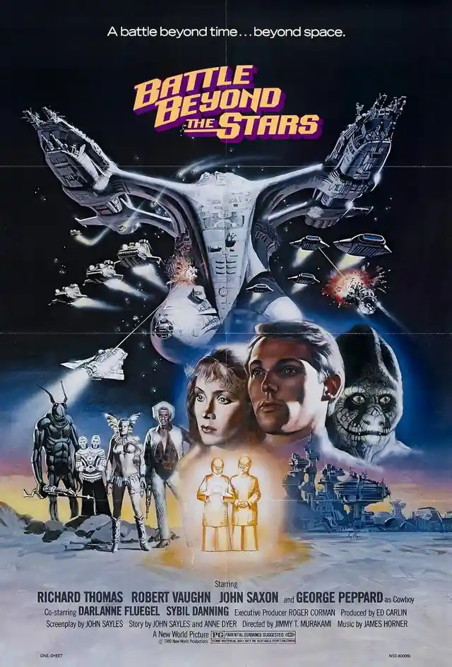 This is a movie poster for 'Battle Beyond the Stars' featuring a large spaceship with wings, smaller ships firing lasers…