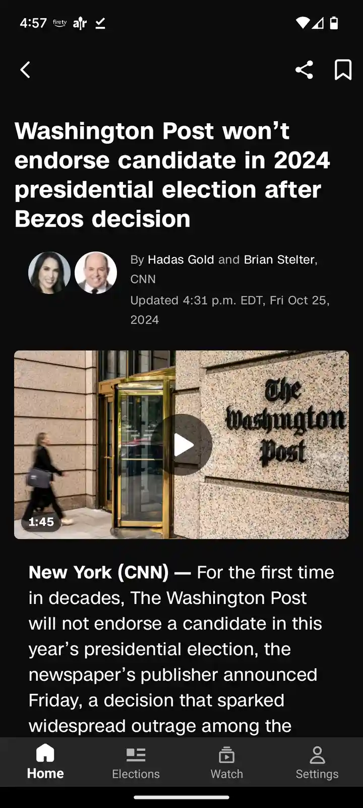 A screenshot of a CNN news article headline stating 'Washington Post won't endorse candidate in 2024 presidential election…