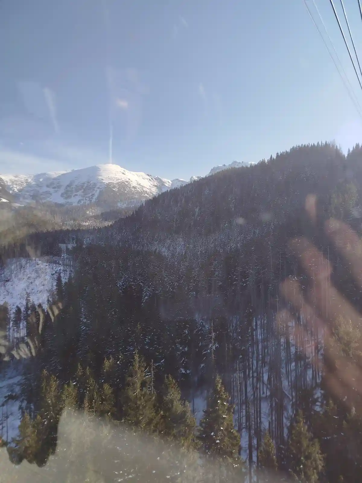 A scenic view of snow-covered mountains and dense evergreen forests seen through a window, with a hand pressed against the…