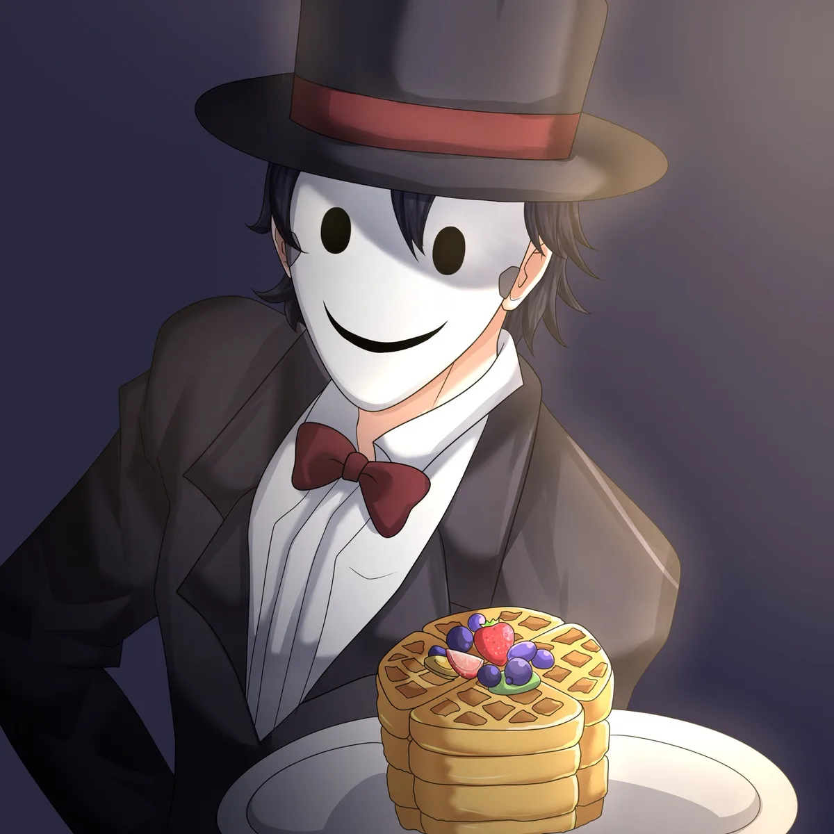 An anime-style character wearing a black top hat with a red band, a white mask with a simple smile, a black suit, and a red…