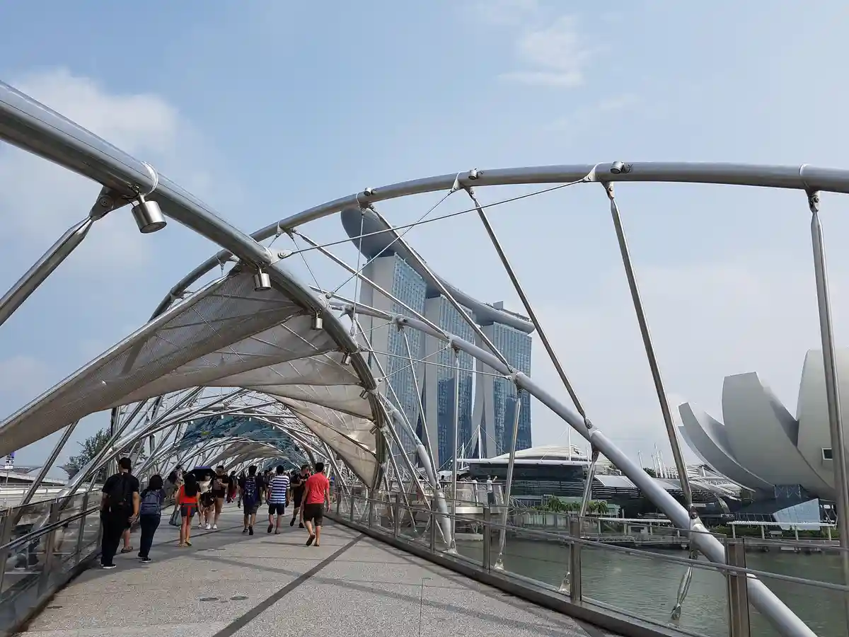 A photo of the Helix Bridge in Singapore, with people walking across its metallic, arched structure. In the background, the…