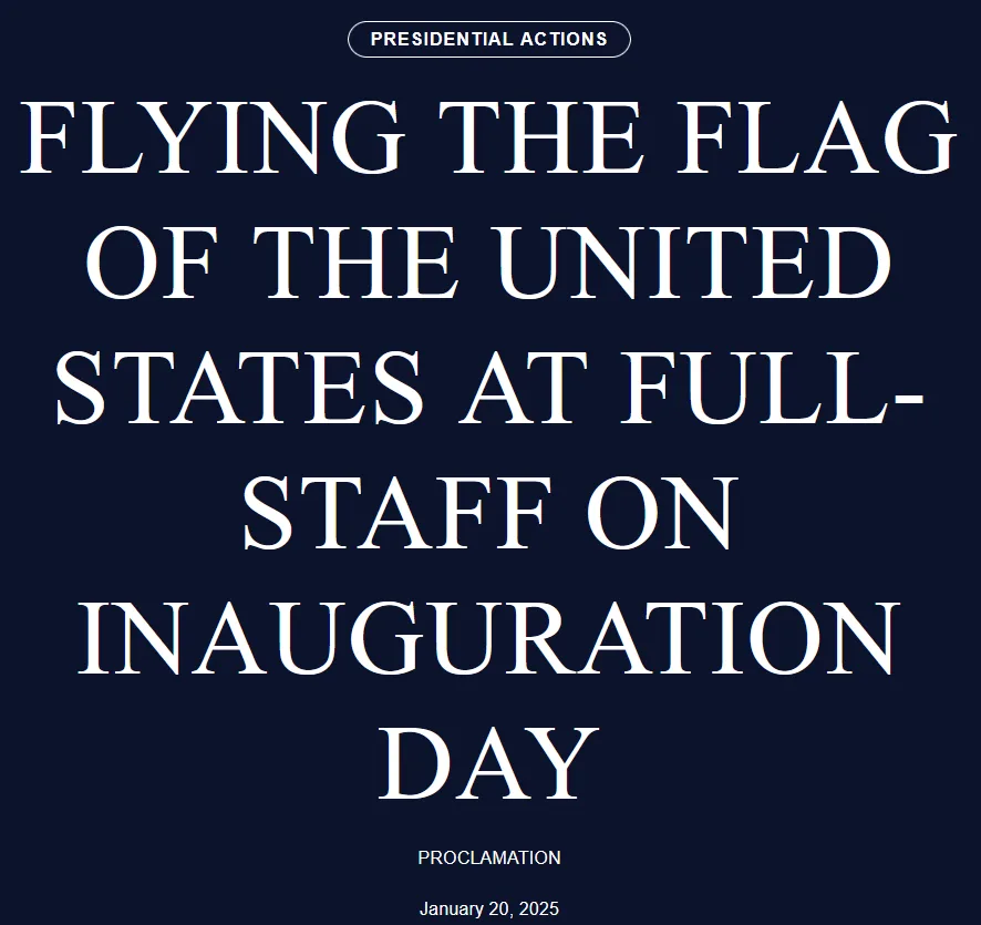 A dark blue background mimicking a formal presidential proclamation, with large white serif text declaring 'FLYING THE FLAG…