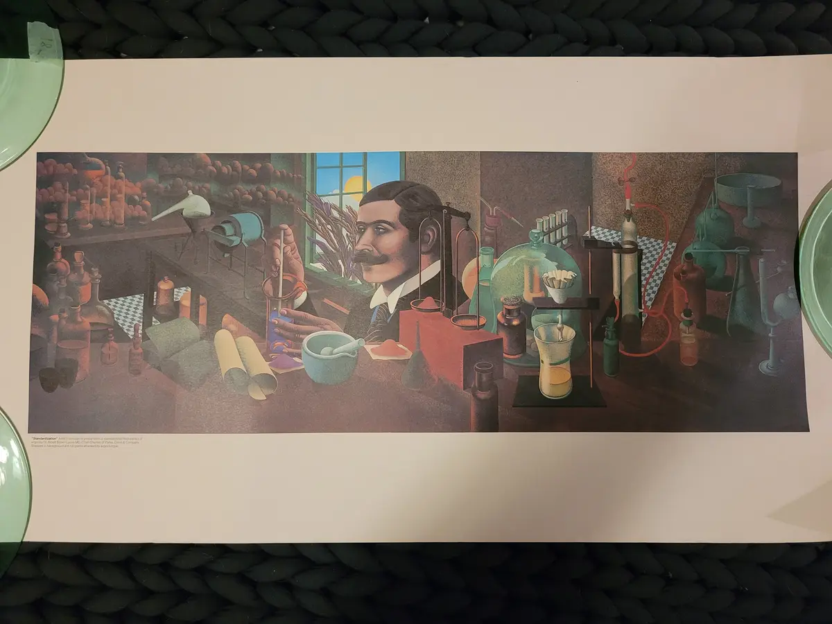 A vintage-style illustration depicts a mustachioed man in a lab coat meticulously working with scientific glassware and…