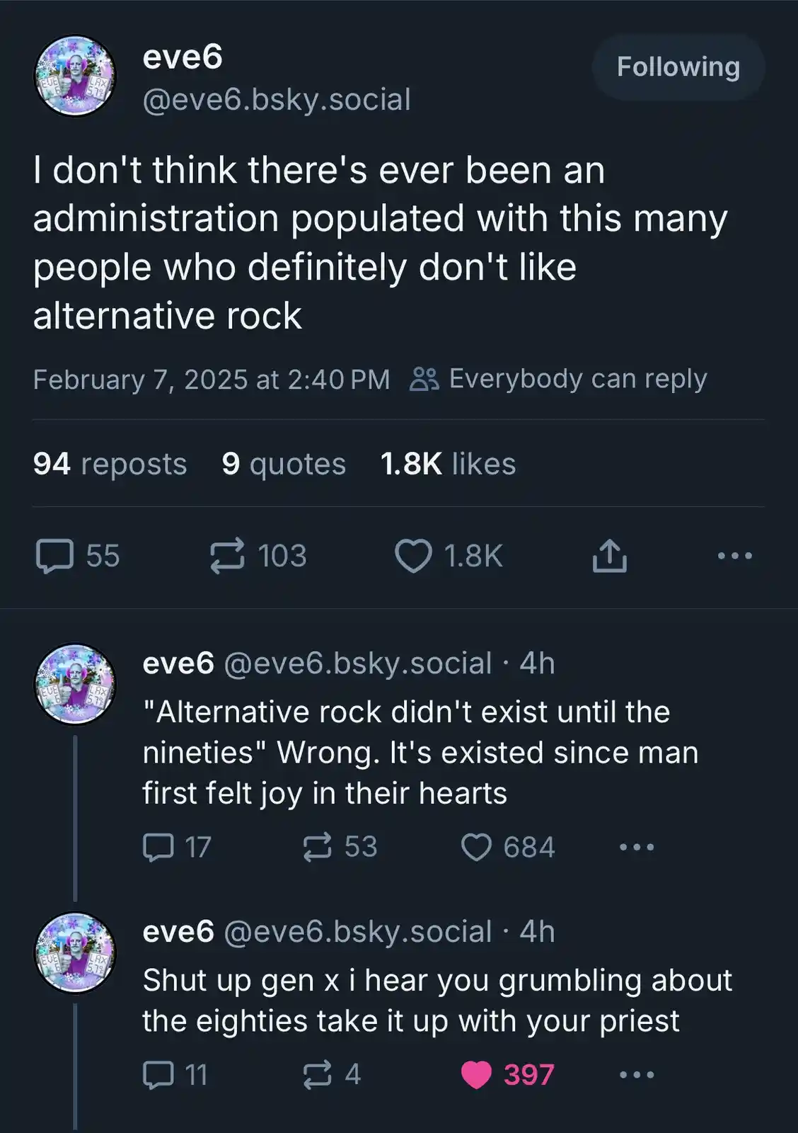 A screenshot of a social media post by 'eve6' on a dark-themed platform, showing a tweet that reads 'I don't think there's…