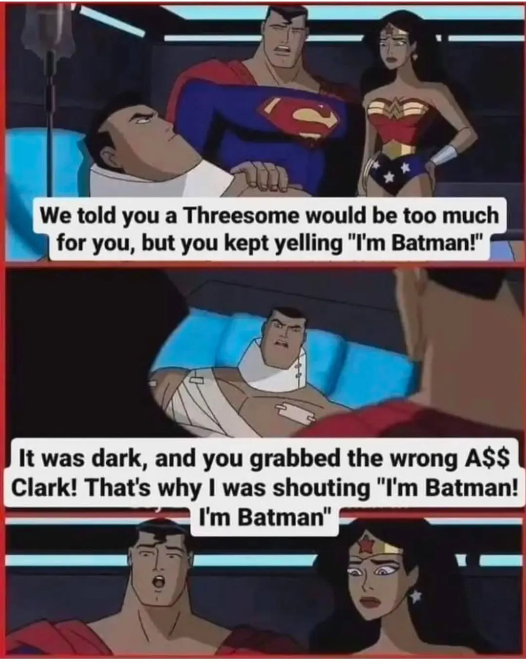 The image is a three-panel comic strip from an animated DC show featuring Superman and Wonder Woman standing over a wounded…