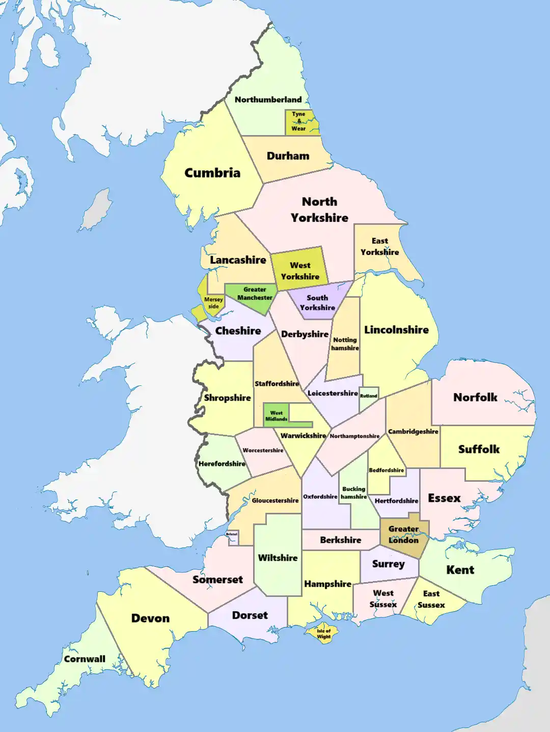A map of england divided into numerous colored regions with names like cumbria, lancashire, greater london, and essex. The…