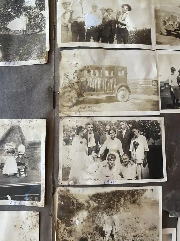 A collection of old, sepia-toned family photographs from the early 20th century, showing various groups of people in period…