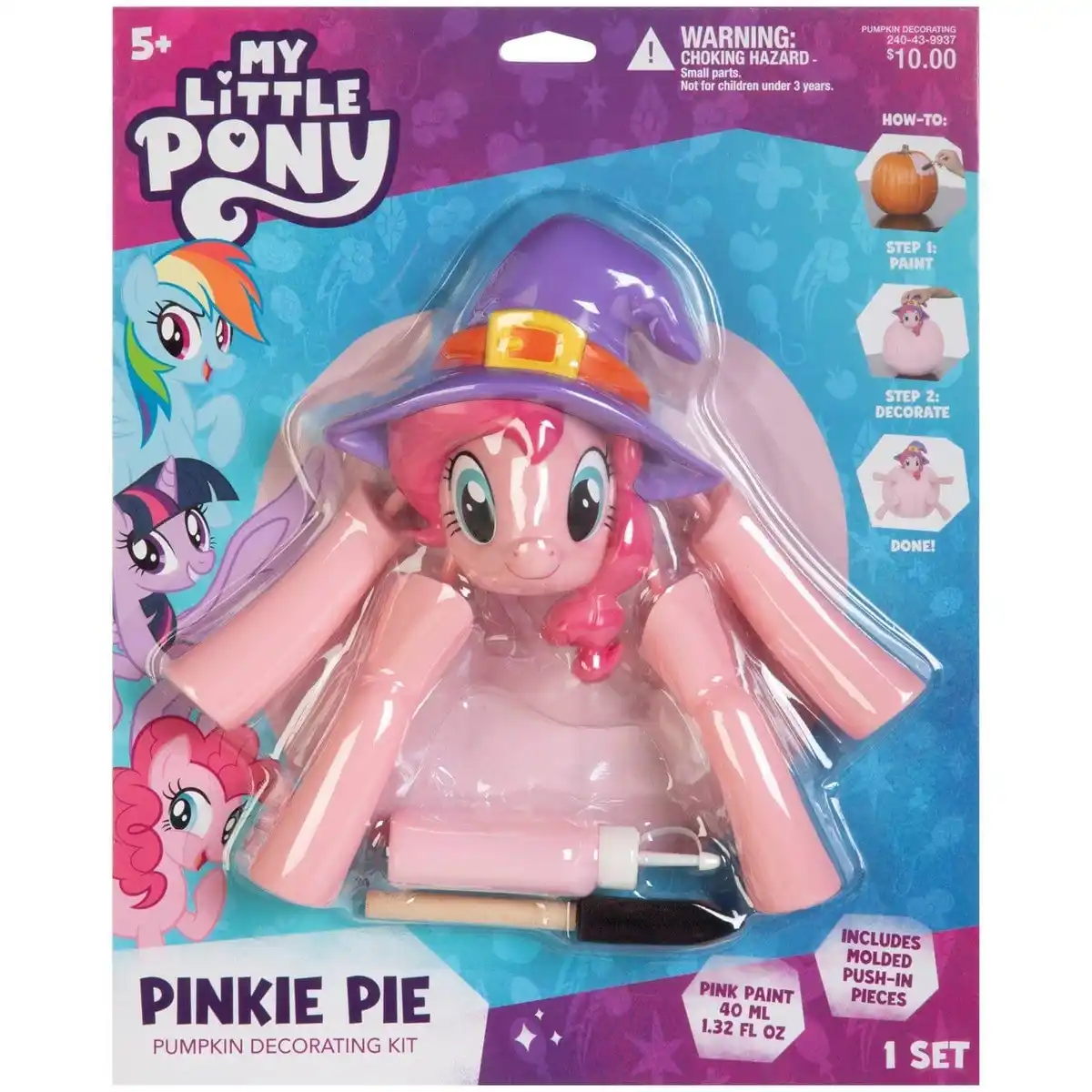 A 'My Little Pony' branded toy package shows a pink pony figure, Pinkie Pie, wearing a purple witch hat, encased in plastic…