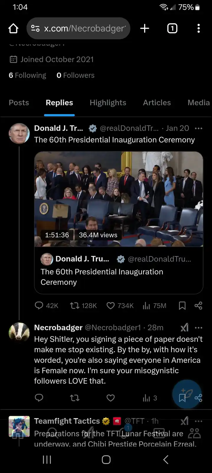 A screenshot of a Twitter reply from user Necrobadger to a post by Donald J. Trump showing a video of his inauguration. The…