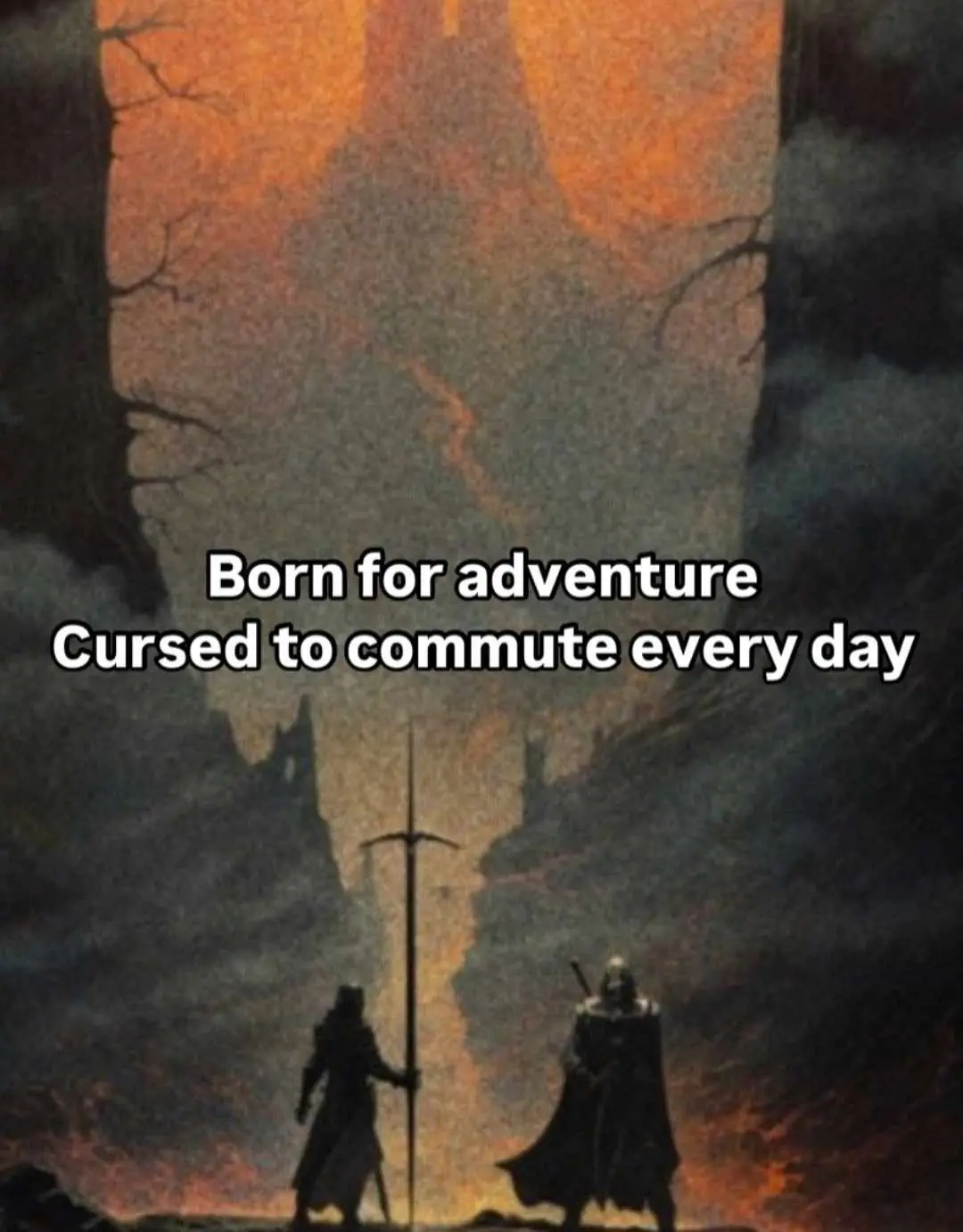 Two silhouetted fantasy adventurers stand at the base of a towering, fiery mountain pass, facing a daunting path ahead. The…