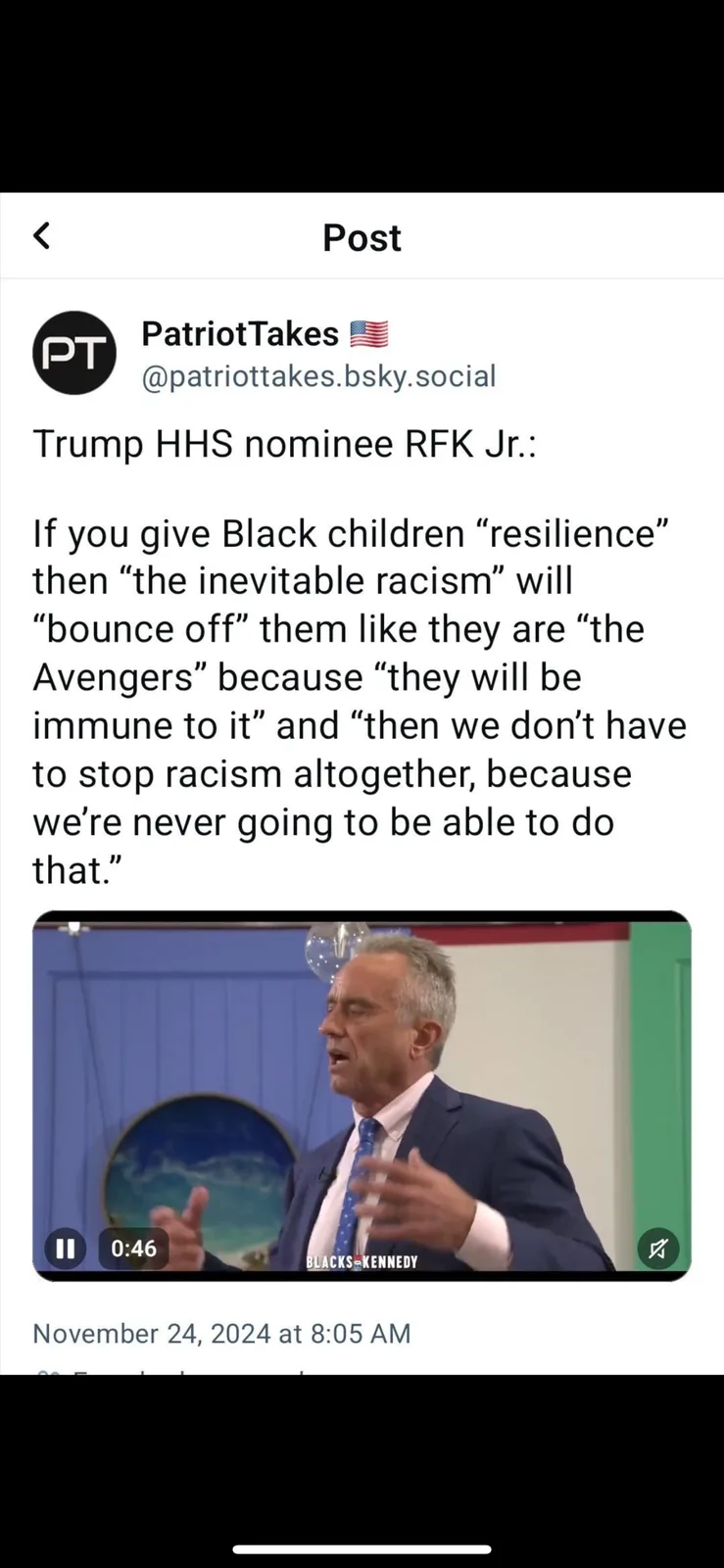 A screenshot of a social media post by 'PatriotTakes' featuring a video clip of RFK Jr. speaking. The overlaid text quotes…
