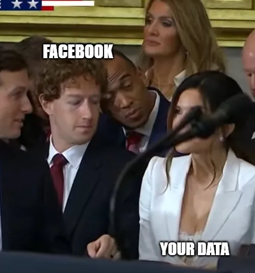 A still image from a formal event shows Mark Zuckerberg looking down with a concerned expression, while a woman in a white…