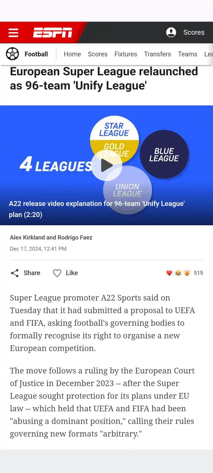 An ESPN article screenshot shows a headline about the European Super League relaunching as the 96-team 'Unify League'. The…