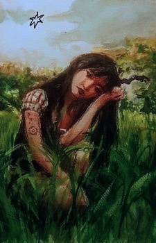 A painting of a young woman with long dark hair sitting in tall green grass, her head resting on her hand in a sorrowful…