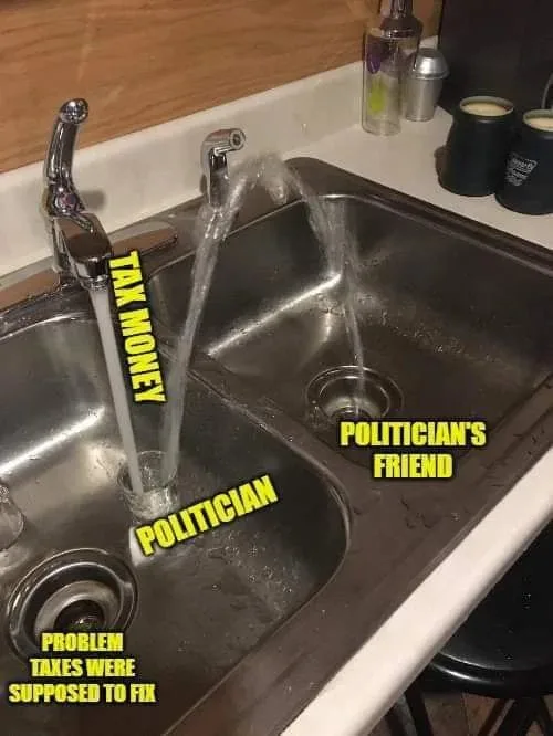 A kitchen sink with two faucets running water into separate basins. Text labels identify the left basin as 'POLITICIAN' with…