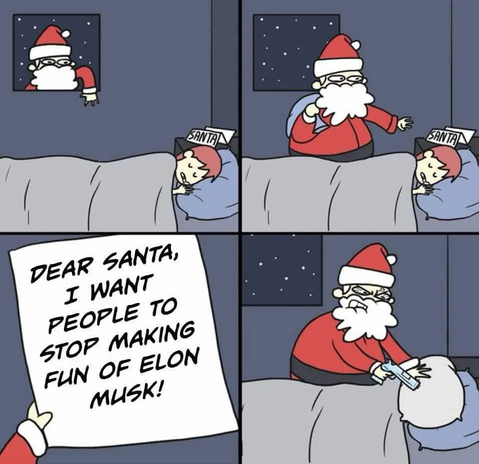 A four-panel comic shows Santa Claus peeking into a child's room, reading a letter that requests he stop people from making…