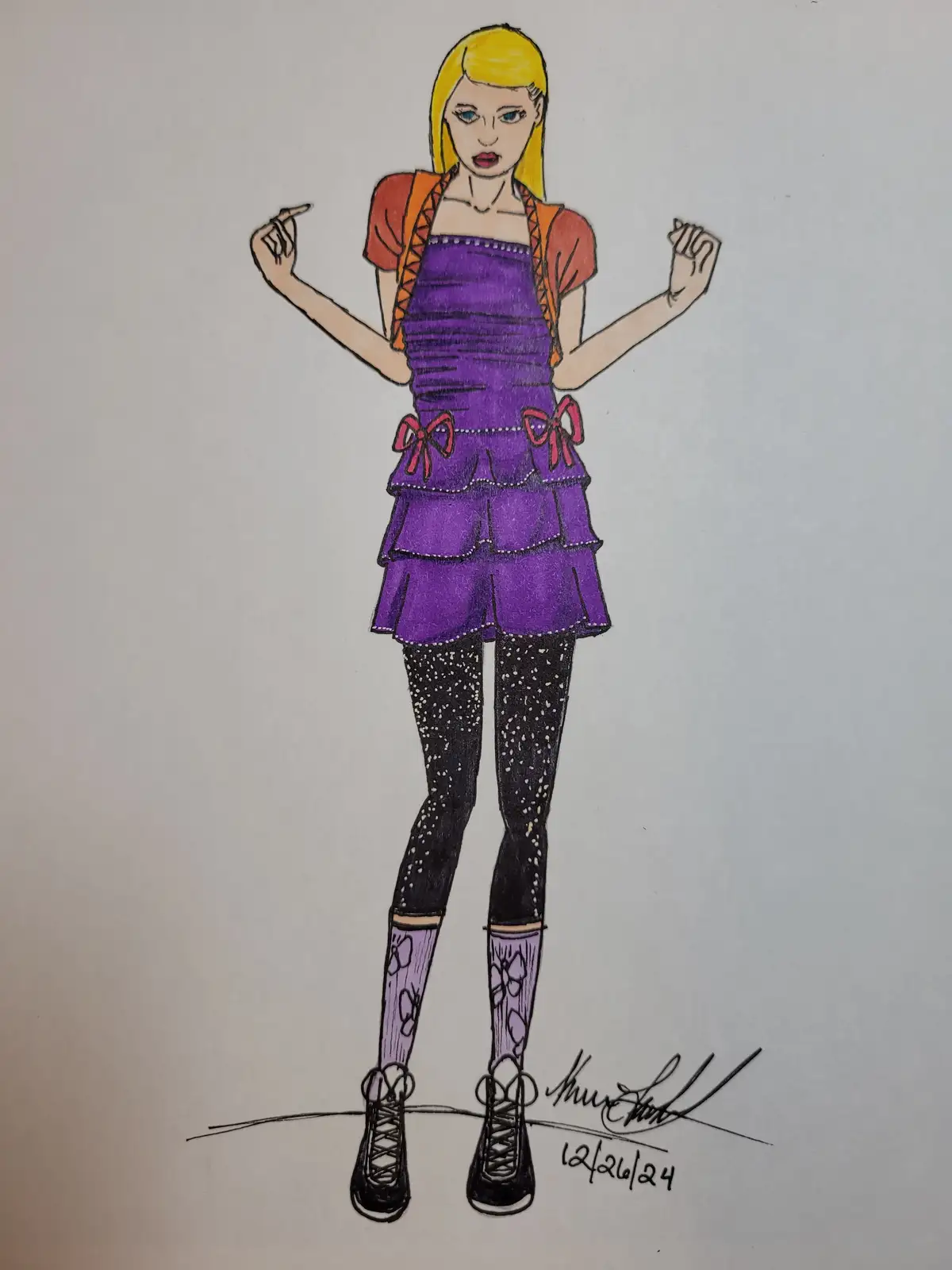 A hand-drawn illustration of a blonde girl wearing a purple tiered dress with red bows, an orange cardigan, black glitter…