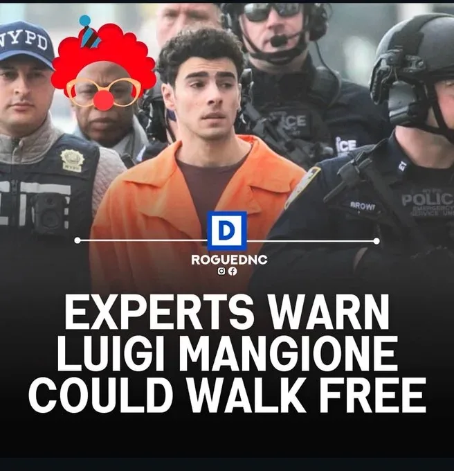 A photo shows Luigi Mangione in an orange prison jumpsuit, flanked by NYPD and ICE officers. A cartoon clown face with red…
