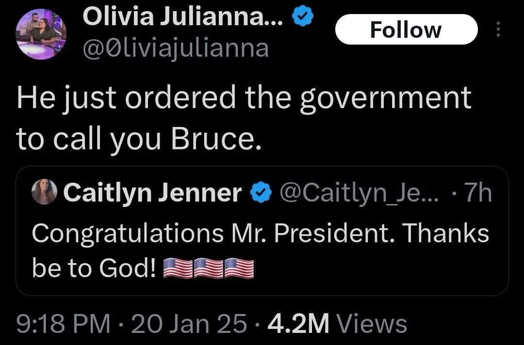A screenshot of a Twitter thread shows Olivia Julianna's tweet saying 'He just ordered the government to call you Bruce.'…