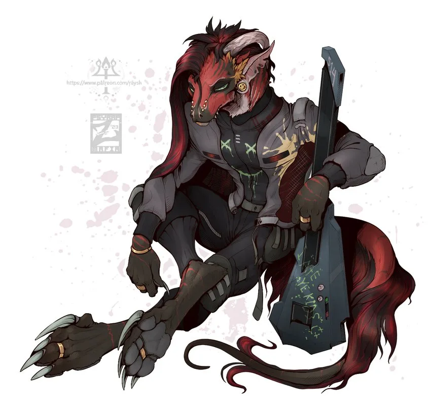A red-skinned, horned, anthropomorphic demon with long red hair and a tail sits holding a black electric guitar. The demon…
