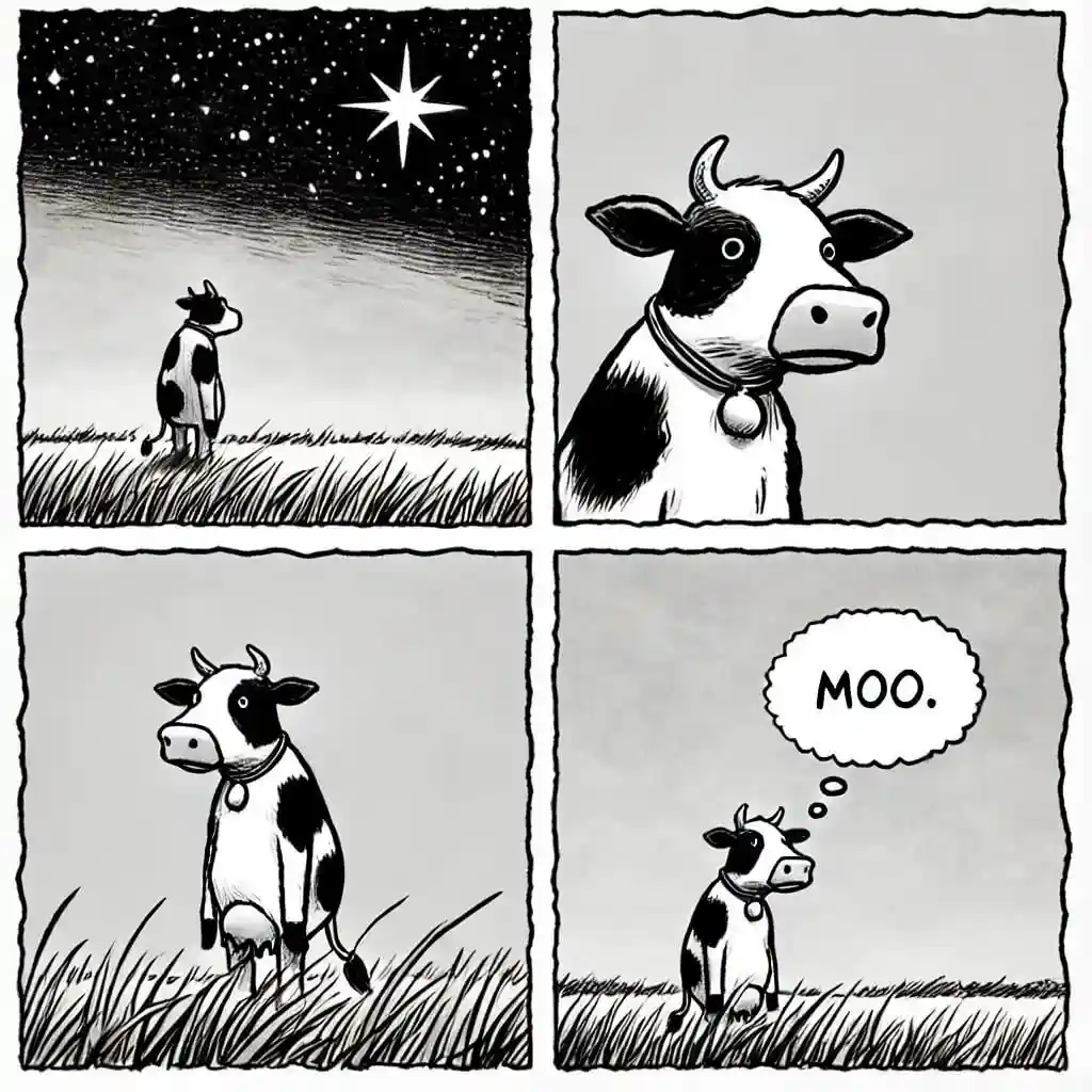 A four-panel black-and-white comic strip shows a cow standing in a field under a starry night sky, then looking up…