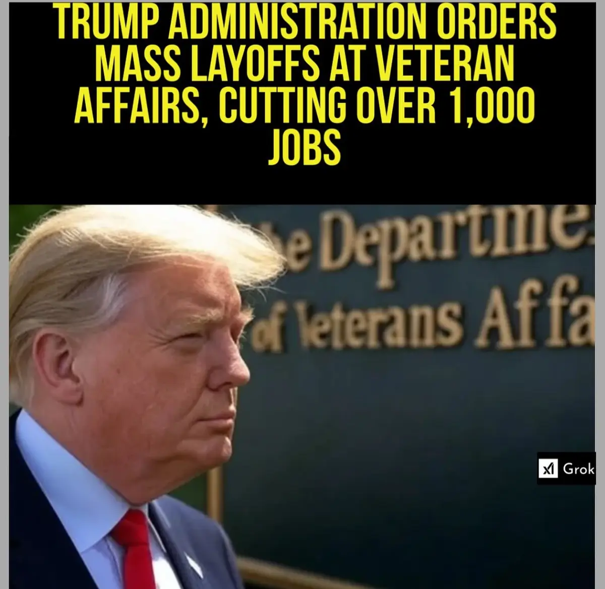 The image shows a side profile of Donald Trump in a suit and red tie, standing in front of a sign that reads 'Department of…
