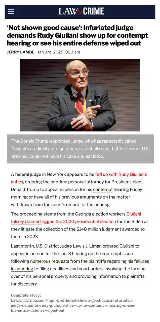 A screenshot of a Law & Crime news article features a photo of Rudy Giuliani speaking while holding a small camera. The…