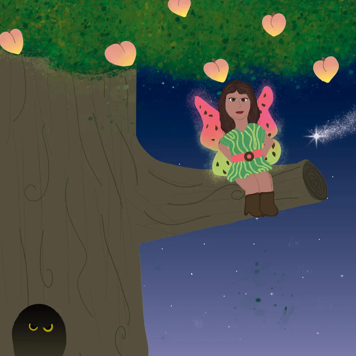 A cartoon fairy with pink watermelon-patterned wings and a green dress sits on a tree branch under a starry night sky…
