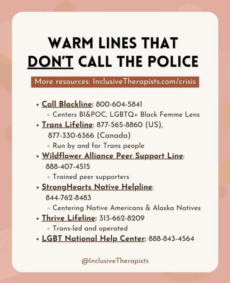A graphic lists several crisis hotlines with their phone numbers and descriptions, under the title 'WARM LINES THAT DON'T…