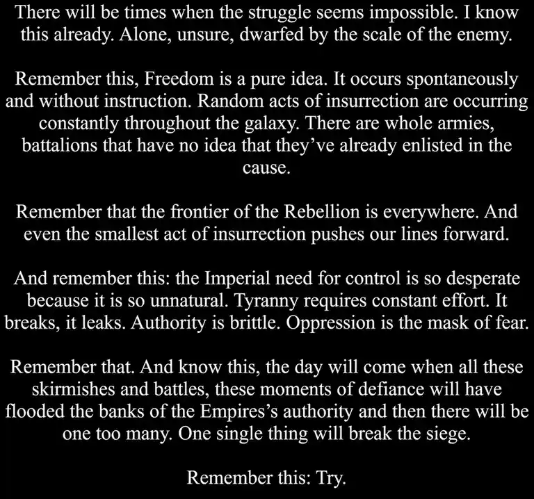 The image displays a black background with white text, presenting a motivational speech attributed to the Rebel Alliance…