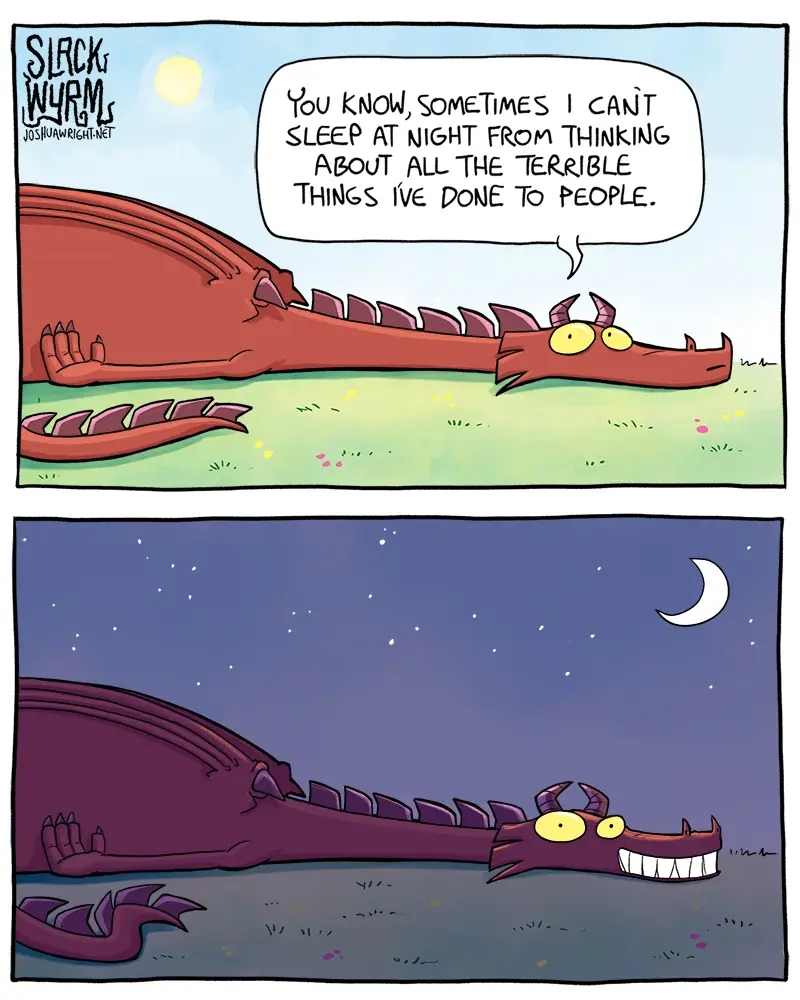 A comic strip featuring a cartoon dragon lying on grass under a daytime sun, speaking about insomnia from guilt over past…