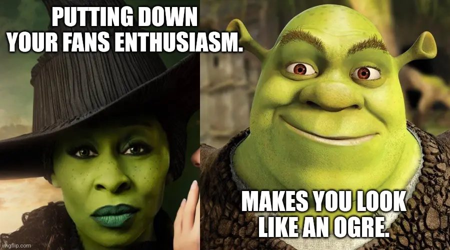 The image is split into two panels. Left: A green-skinned woman in a black witch's hat with a stern, unimpressed expression…