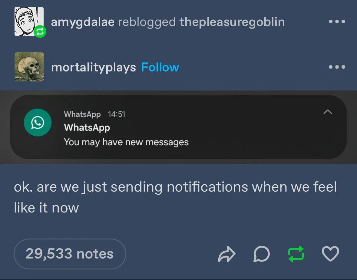 A screenshot of a Tumblr post showing a WhatsApp notification that says 'You may have new messages' at 14:51. Below the…