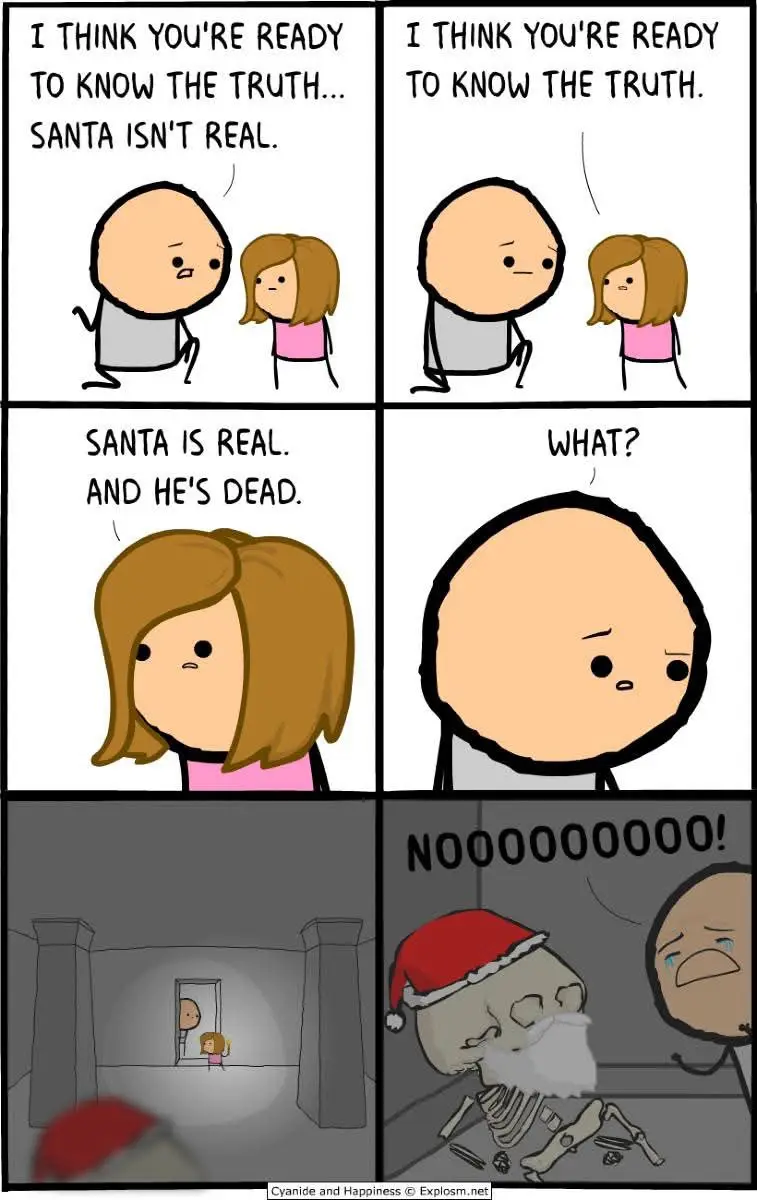 A four-panel comic strip shows a bald man telling a girl the truth about Santa. He says Santa isn't real, then she says he…