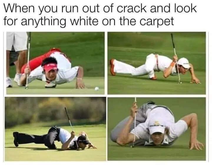 A four-panel image collage shows four different golfers crawling on a green grassy field, each holding a golf club and…