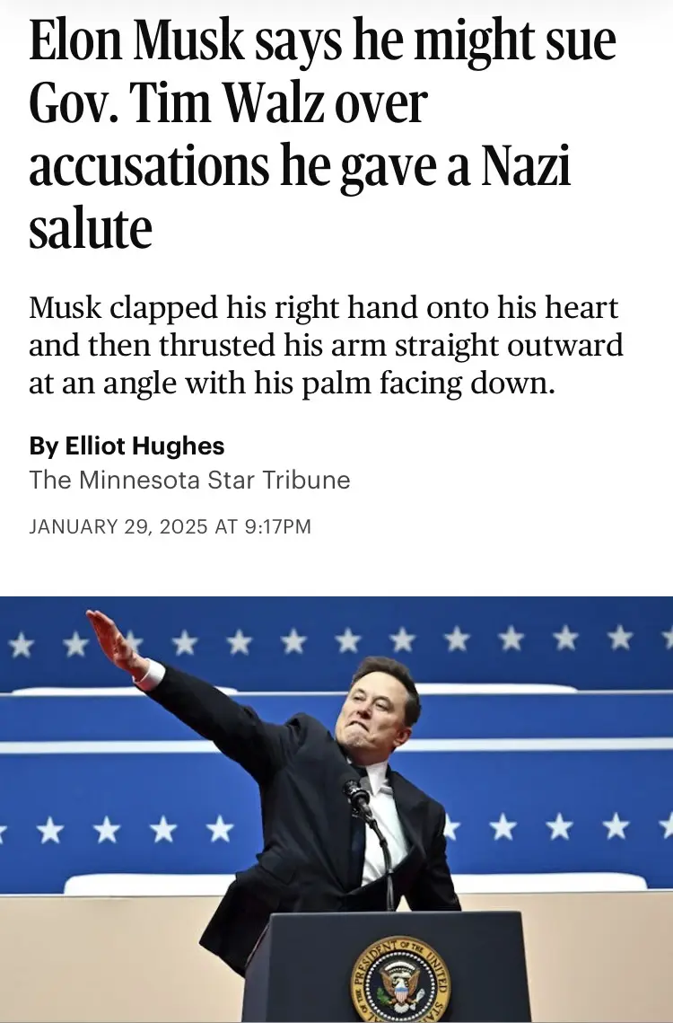 The image displays a newspaper article headline claiming Elon Musk might sue Governor Tim Walz over accusations he gave a…