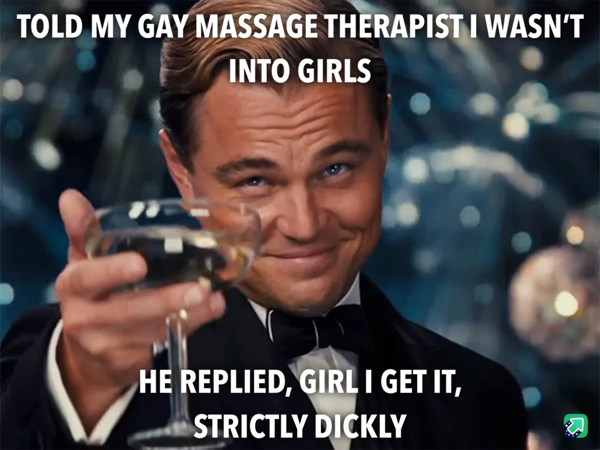 A man in a tuxedo holding a glass of champagne smiles smugly at the camera. White text overlaid on the image reads: 'TOLD MY…