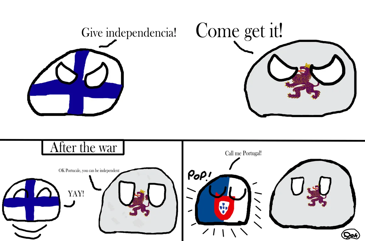 A four-panel cartoon depicts Finland and Portugal as anthropomorphic countryballs. Finland demands independence, prompting…