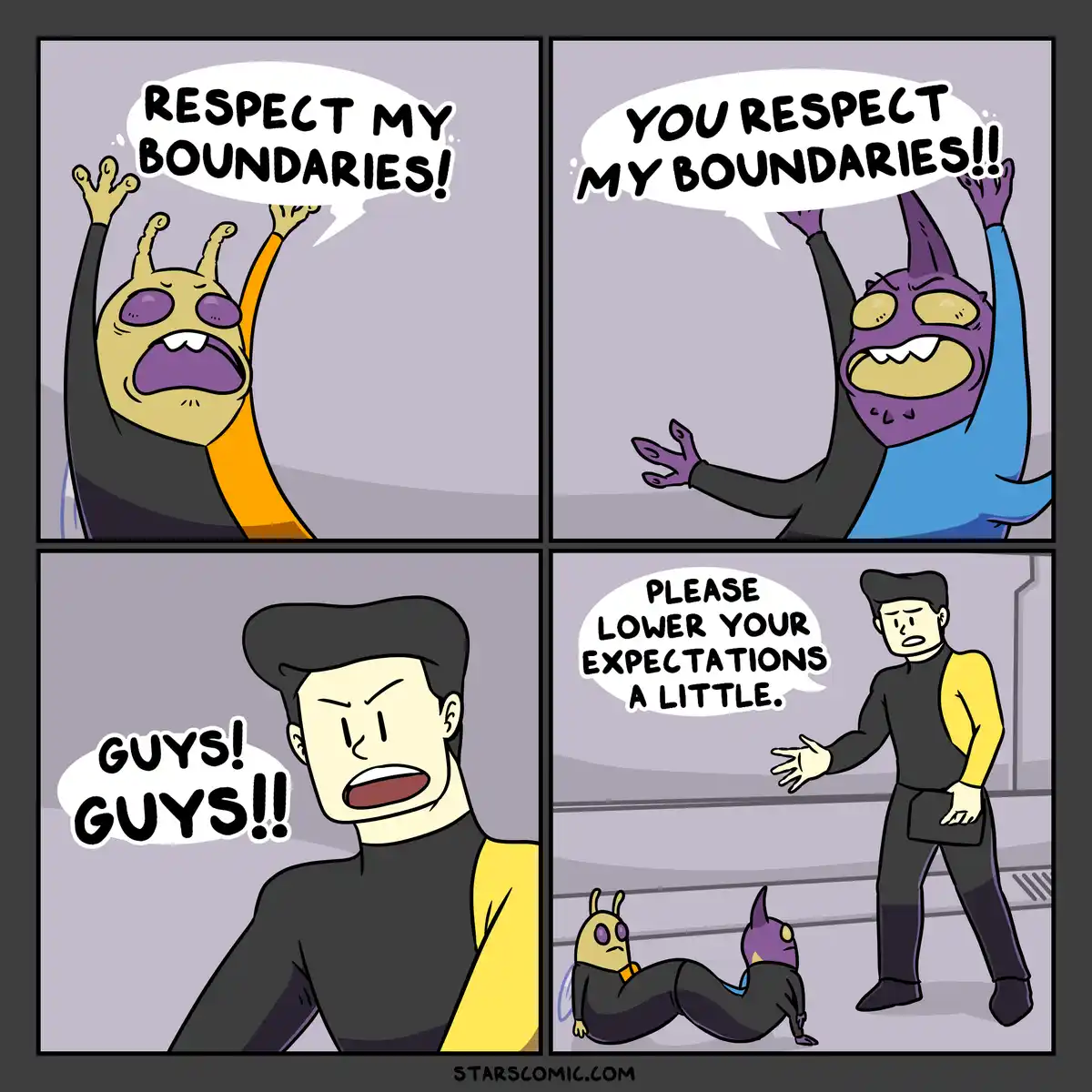 A four-panel comic shows two aliens yelling 'RESPECT MY BOUNDARIES!' and 'YOU RESPECT MY BOUNDARIES!!' at each other, then a…