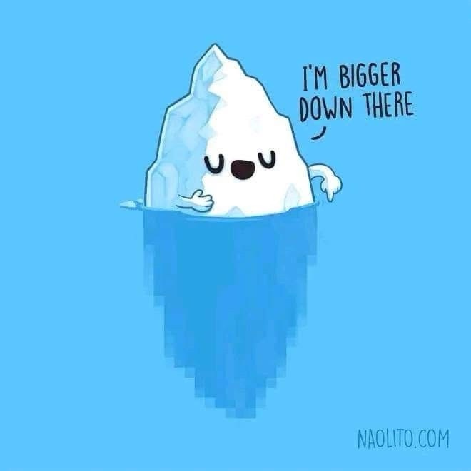 A cartoon iceberg with a cute face and closed eyes floats in blue water, with only its top portion visible. Its right hand…