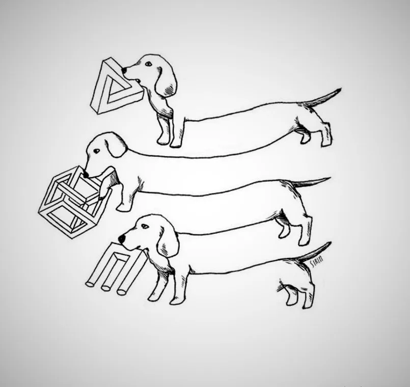 three dachshunds are drawn in a vertical line, each holding a different impossible 3d object: a triangle, a cube, and a…