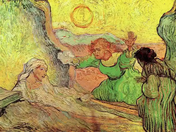 A painting depicts three women in a dramatic scene under a swirling yellow sky with a sun. One woman in green raises her…