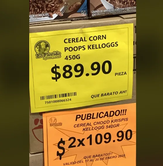A yellow price tag for Kellogg's 'Cereal Corn Poops' (450g) priced at $89.90, with the phrase 'QUE BARATO AH!' (How cheap!)…